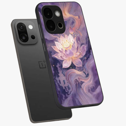 Lavender Lotus Muse Glass Case for 1+13S angled mockup showcasing glossy finish and refined floral detailing