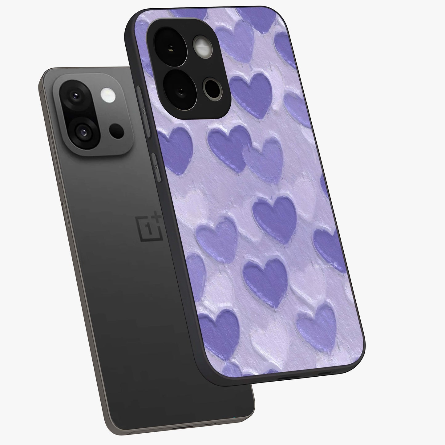 Lavender Paper Hearts Glass Case for 1+13S angled mockup showcasing glossy finish and playful pastel detailing