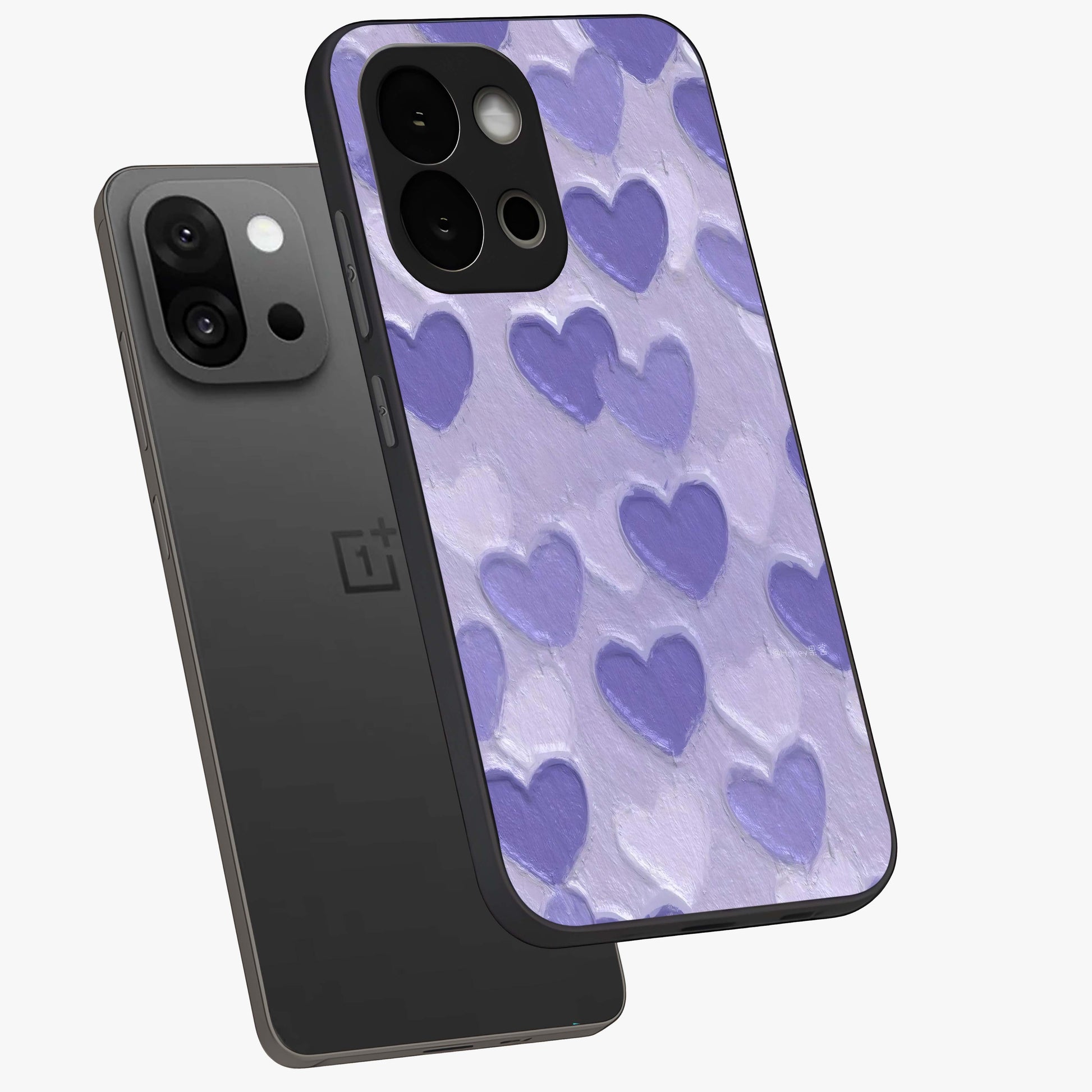 Lavender Paper Hearts Glass Case for 1+13S angled mockup showcasing glossy finish and playful pastel detailing