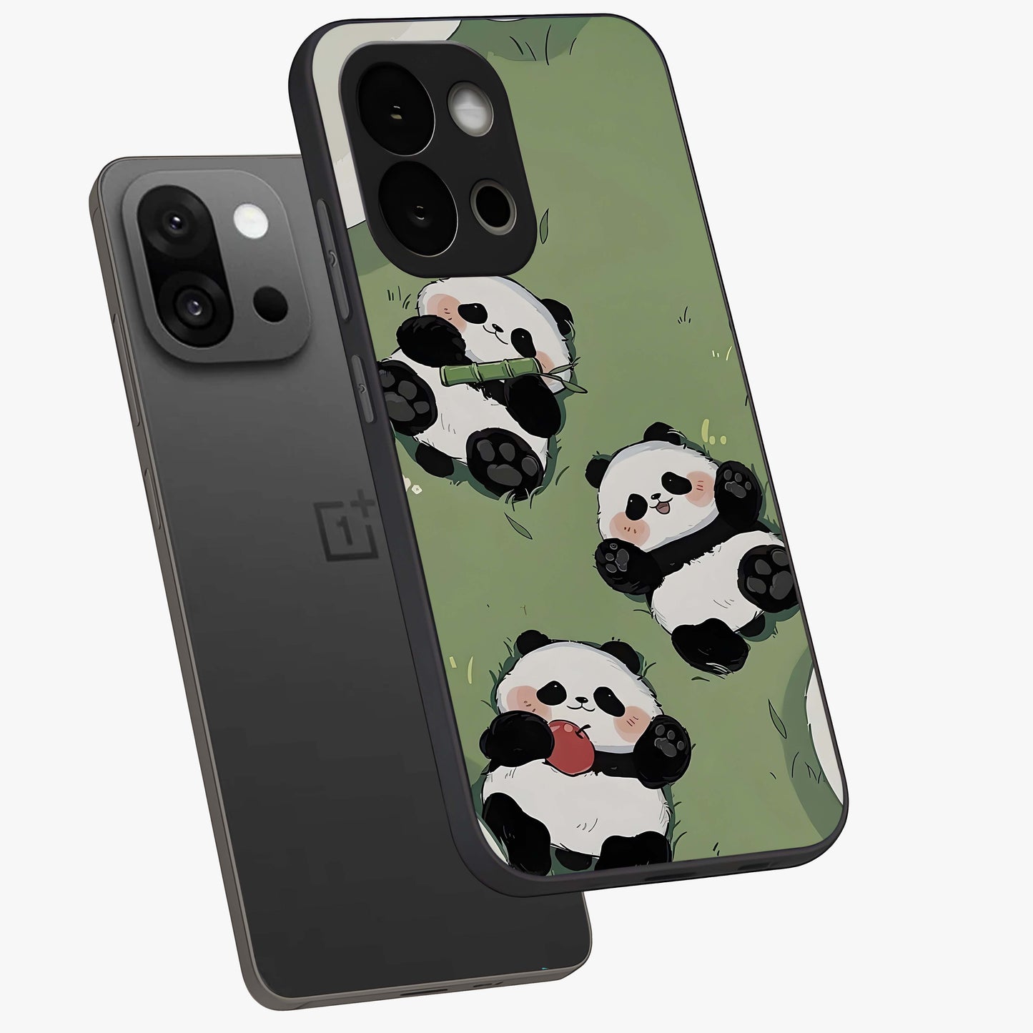 Lazy Panda Picnic Glass Case for 1+13S angled mockup showcasing glossy finish and vibrant cartoon detailing