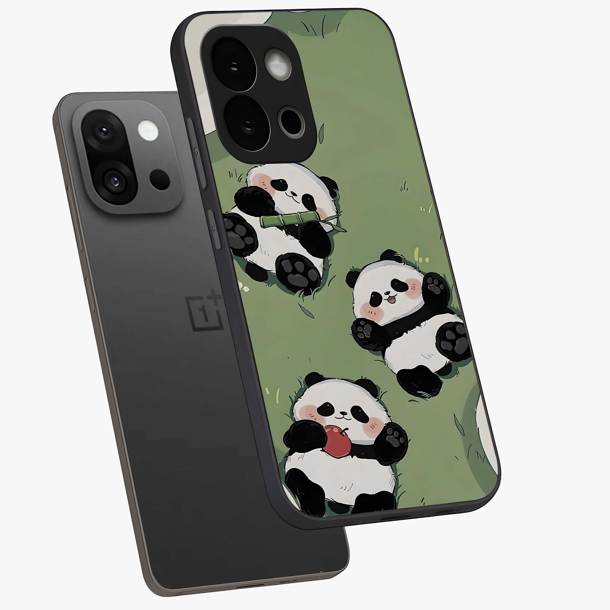 Lazy Panda Picnic Glass Case for 1+13S angled mockup showcasing glossy finish and vibrant cartoon detailing