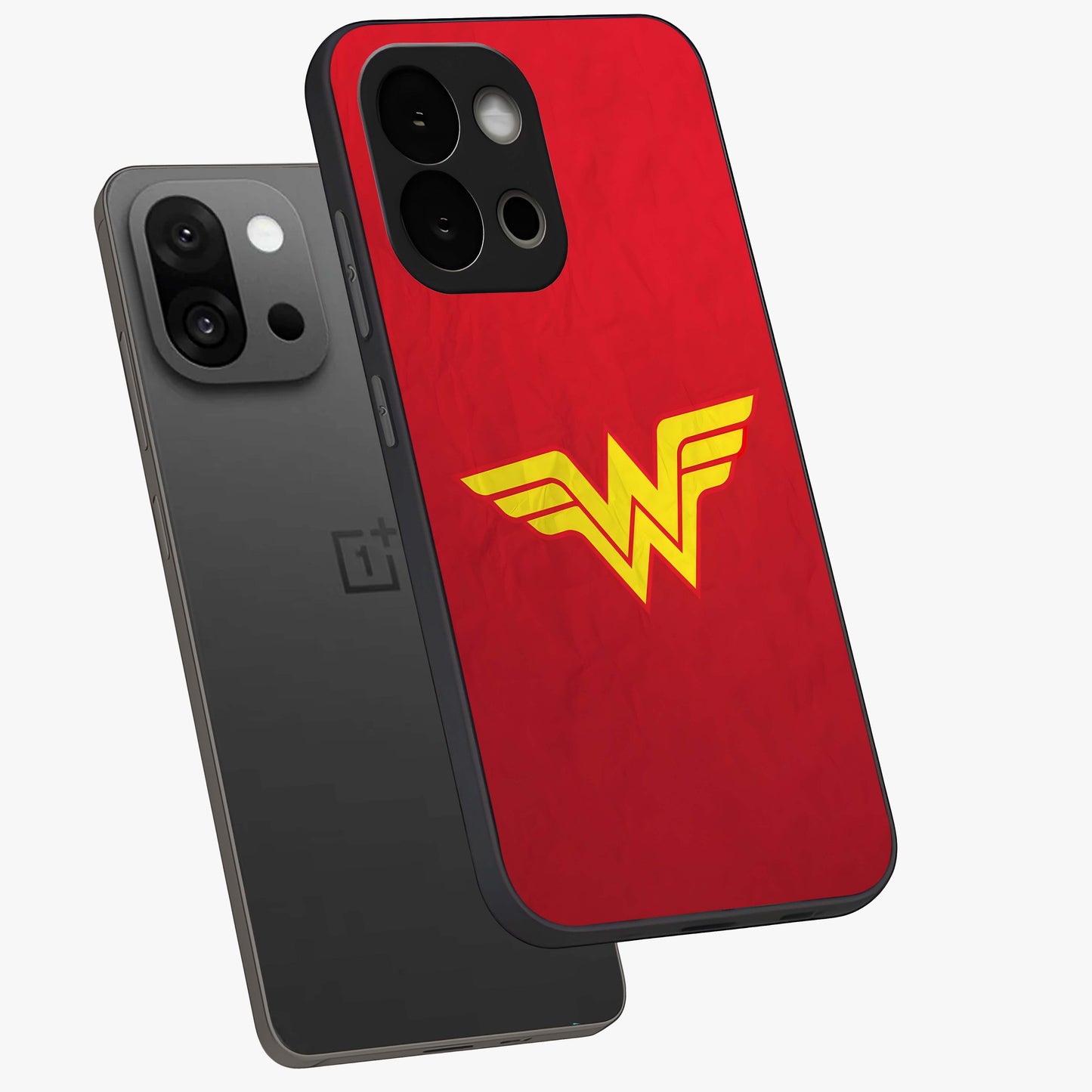 Legendary Wonder Power Glass Case for 1+13S angled mockup showcasing glossy finish and vibrant power tones
