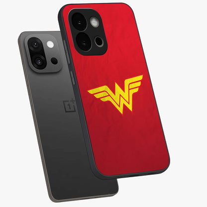 Legendary Wonder Power Glass Case for 1+13S angled mockup showcasing glossy finish and vibrant power tones