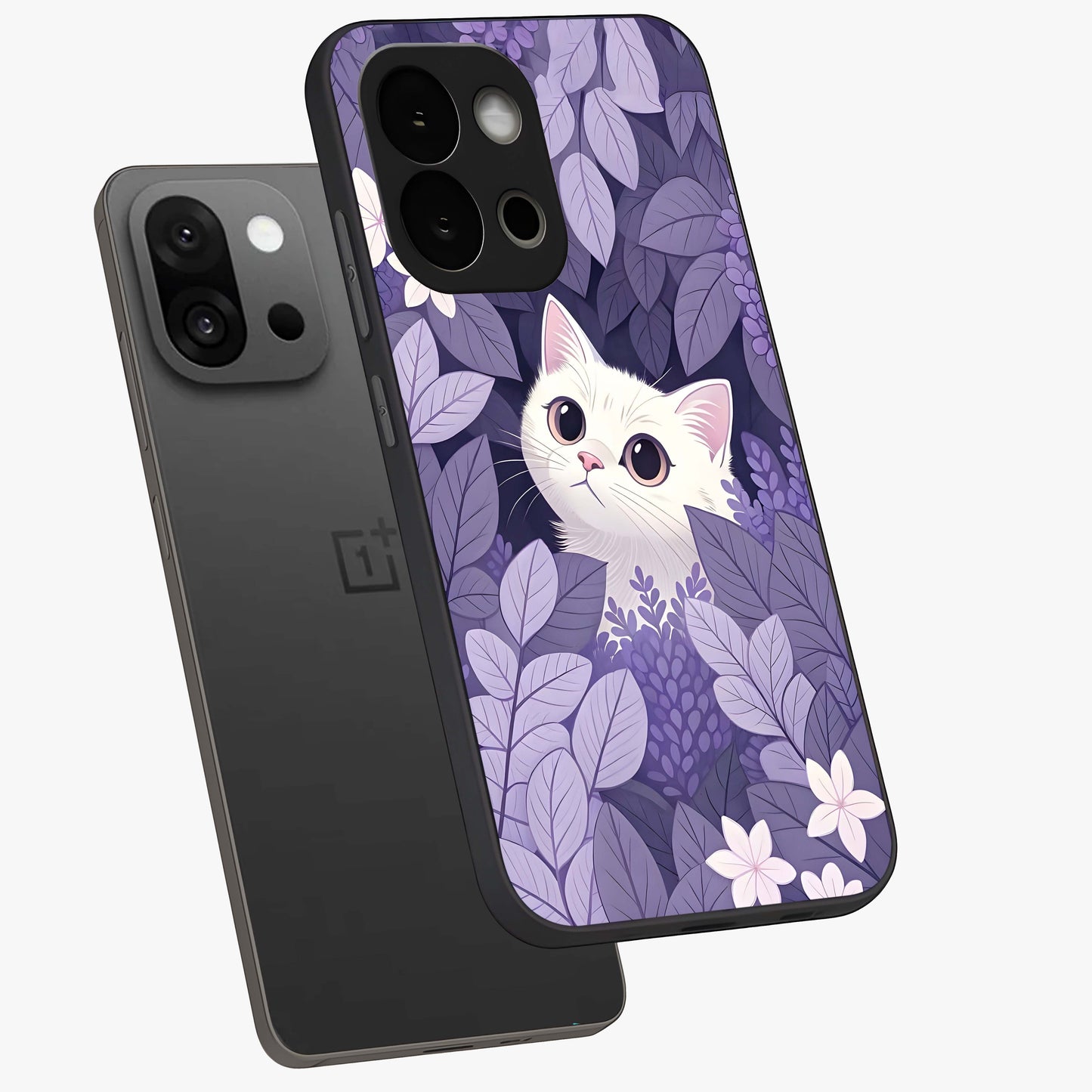 Lilac Hide Peek Cat Glass Case for 1+13S angled mockup showcasing glossy finish and cute character detailing