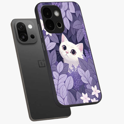 Lilac Hide Peek Cat Glass Case for 1+13S angled mockup showcasing glossy finish and cute character detailing