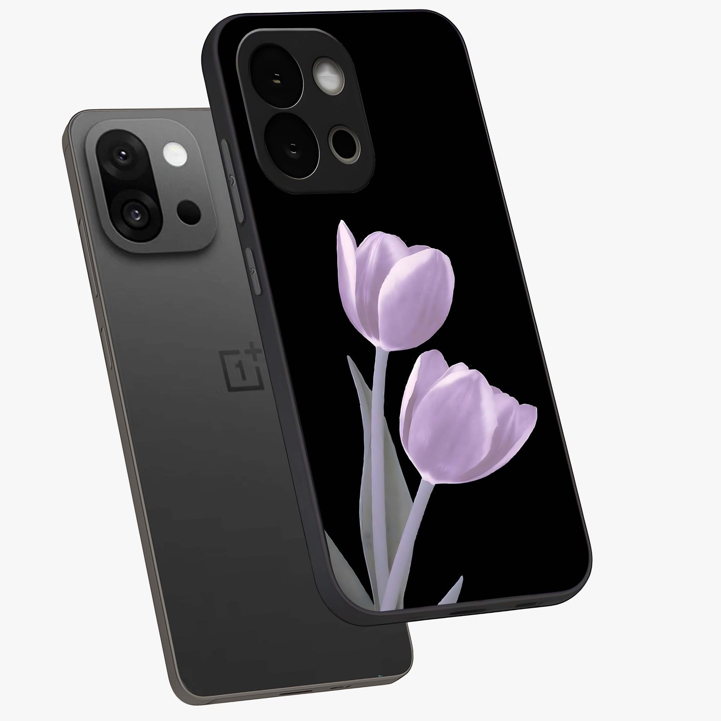 Lilac Tulip Flowers Glass Case for 1+13S angled mockup showcasing glossy finish and delicate bloom detailing