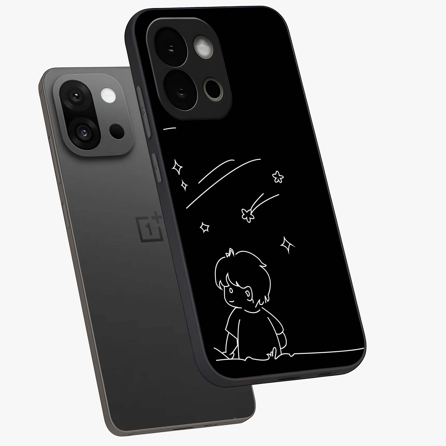 Line Art Boy With Shooting Stars Glass Case for 1+13S angled mockup showcasing glossy finish and clean monochrome detailing