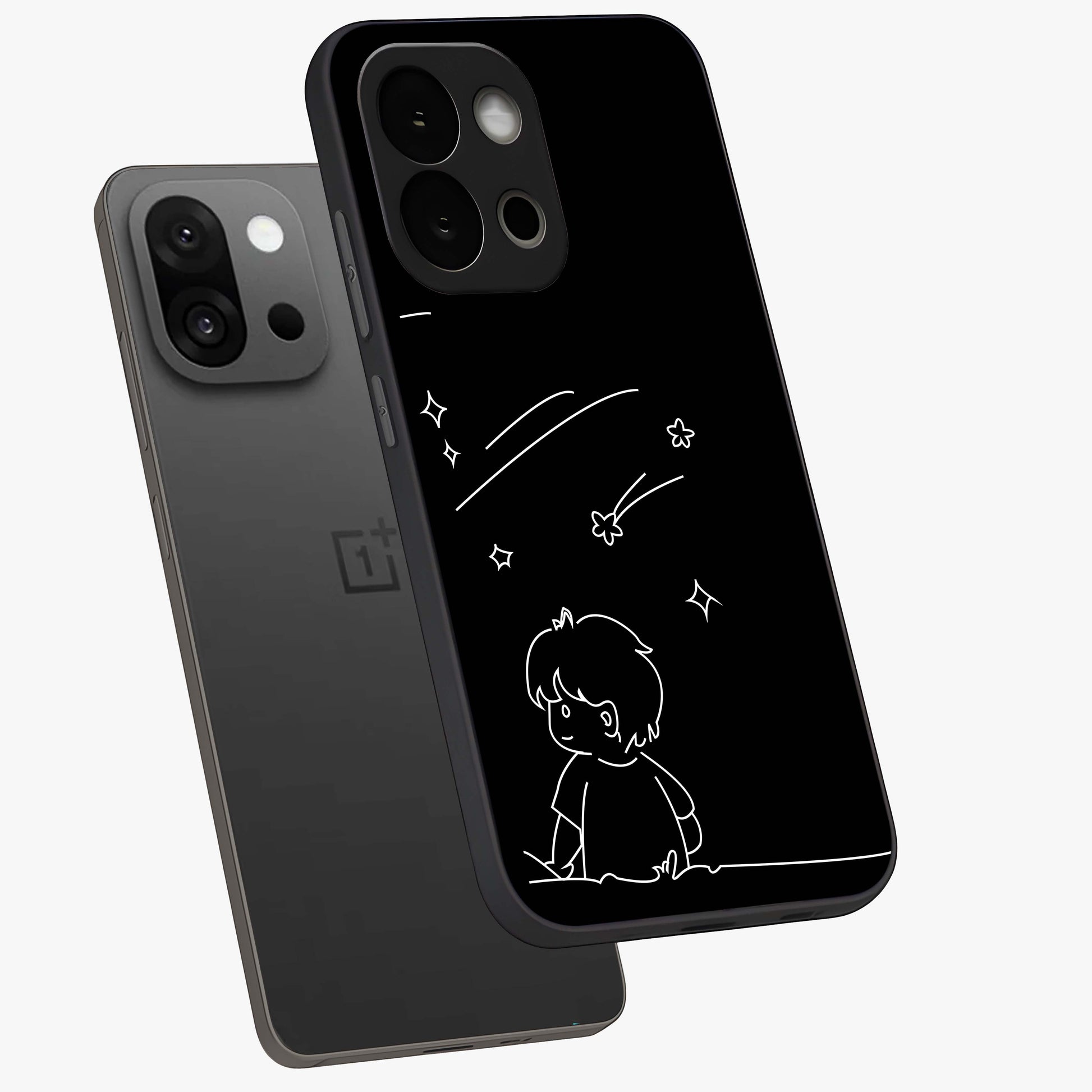 Line Art Boy With Shooting Stars Glass Case for 1+13S angled mockup showcasing glossy finish and clean monochrome detailing