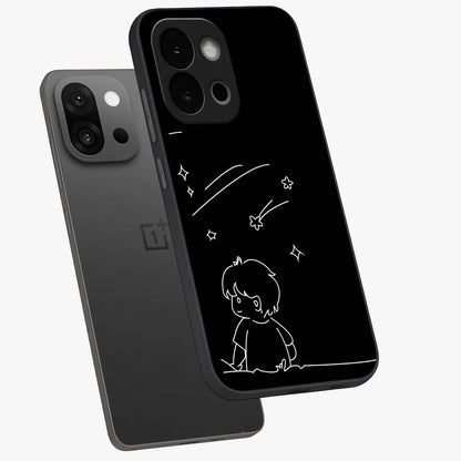 Line Art Boy With Shooting Stars Glass Case for 1+13S angled mockup showcasing glossy finish and clean monochrome detailing