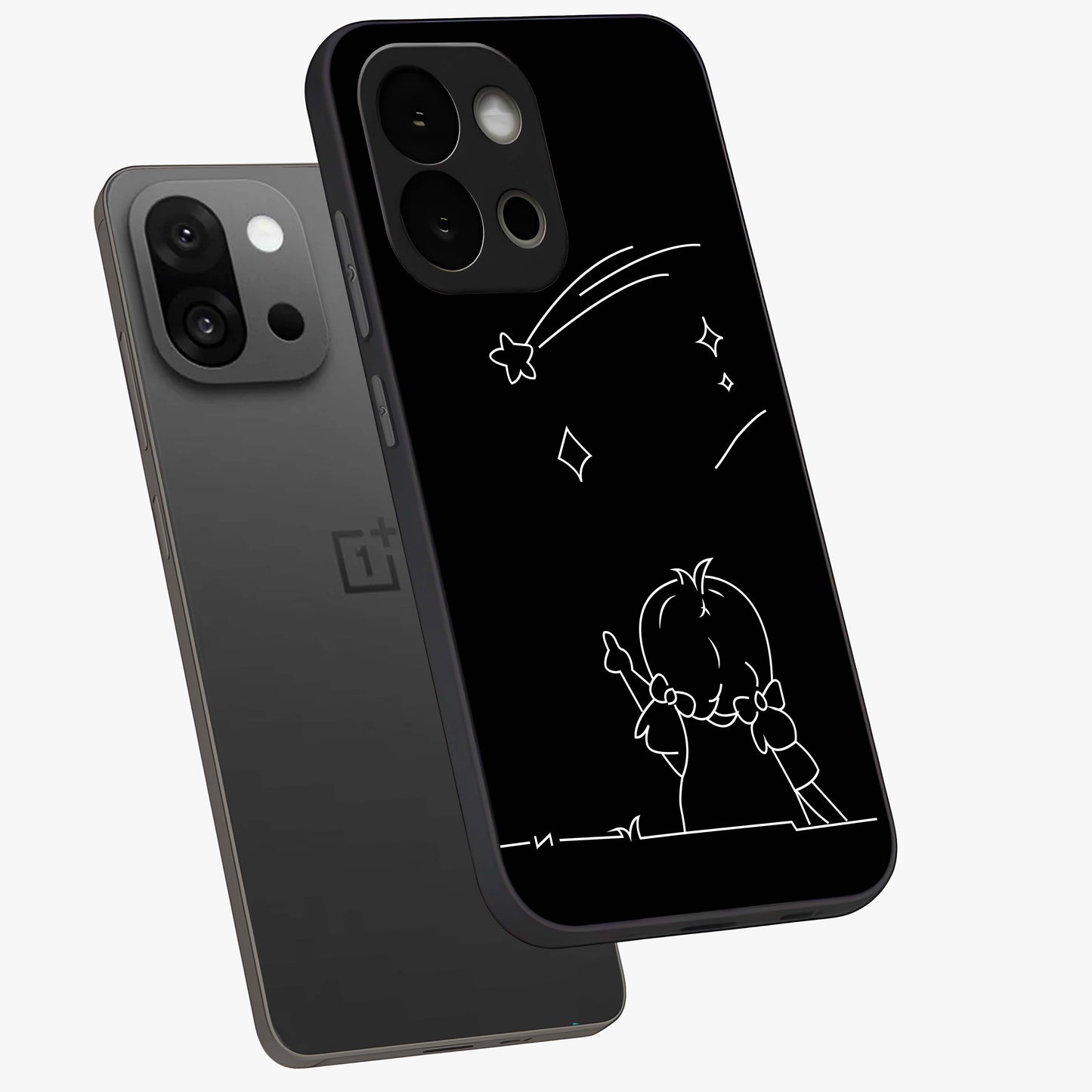 Line Art Girl With Shooting Stars Glass Case for 1+13S angled mockup showcasing glossy finish and refined artistic detailing