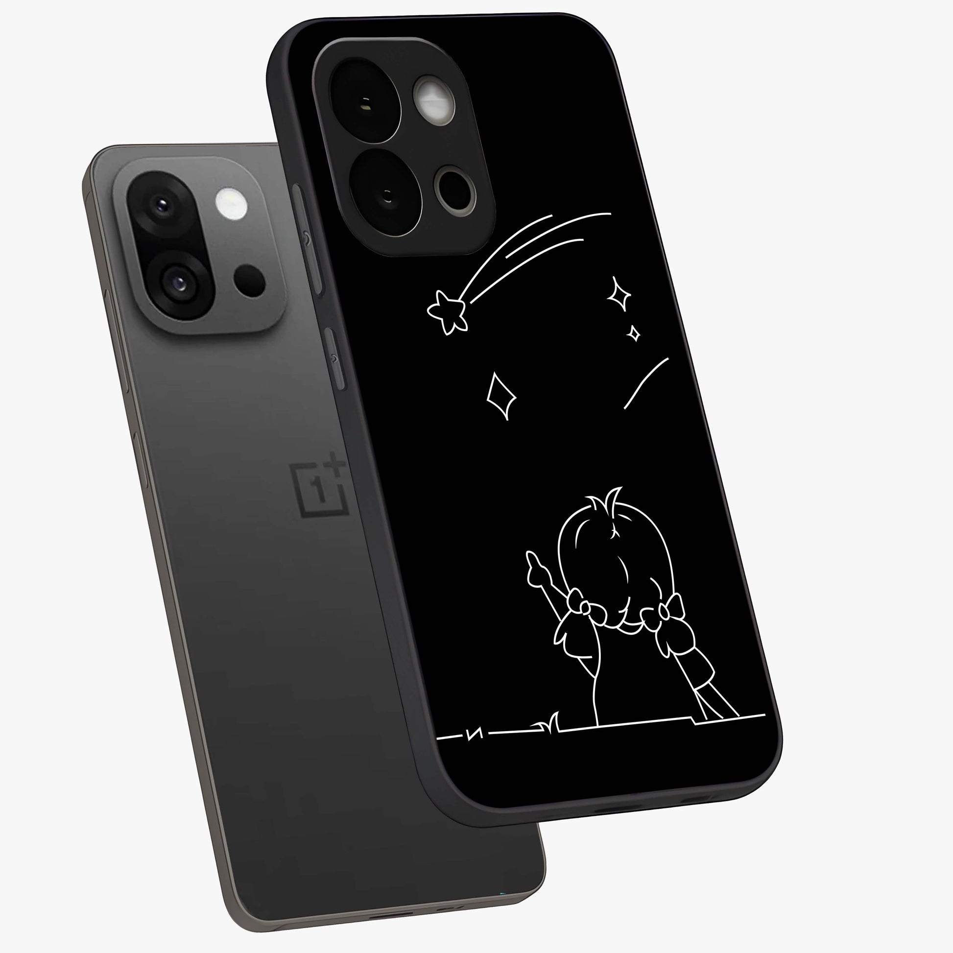 Line Art Girl With Shooting Stars Glass Case for 1+13S angled mockup showcasing glossy finish and refined artistic detailing