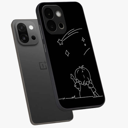 Line Art Girl With Shooting Stars Glass Case for 1+13S angled mockup showcasing glossy finish and refined artistic detailing