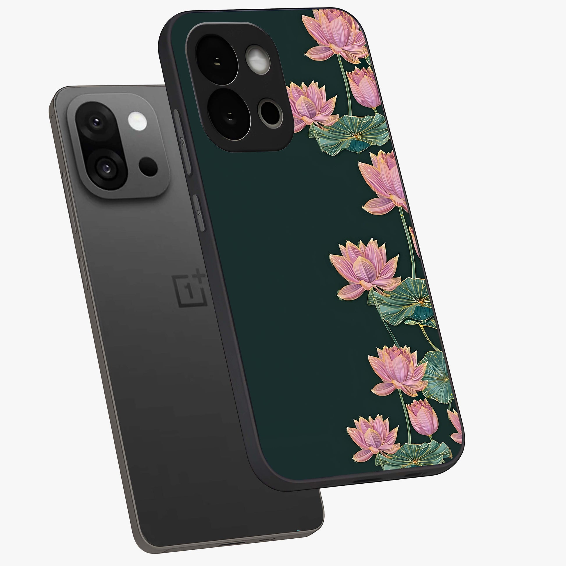 Lotus Bloom Serenity Glass Case for 1+13S angled mockup showcasing glossy glass finish and calming tones