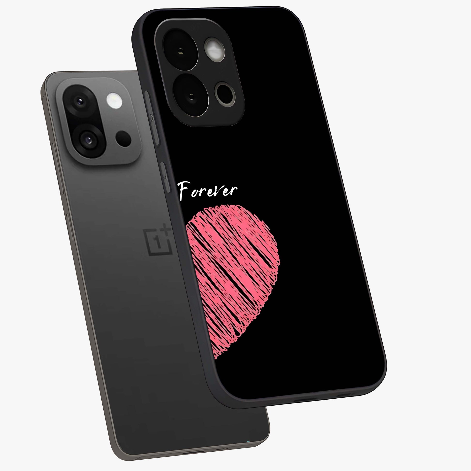 Love Forever Together Right Glass Case for 1+13S angled mockup showcasing glossy finish and warm aesthetic tones