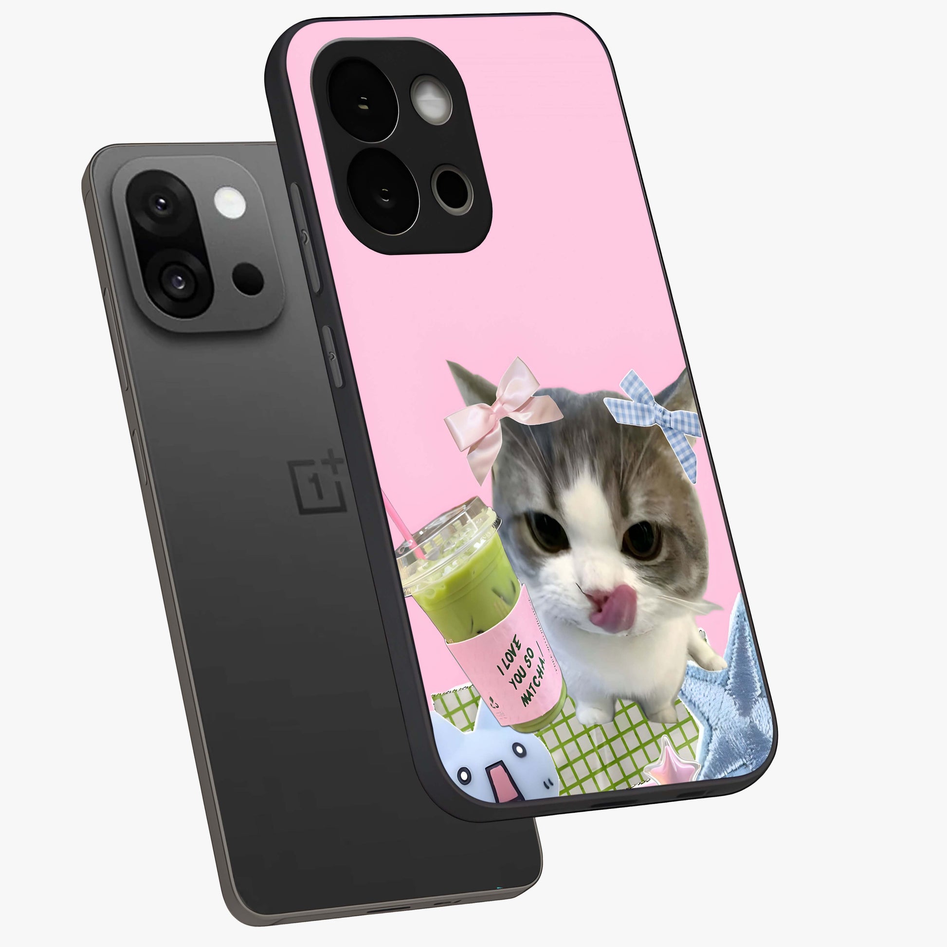 Love Matcha Cat Glass Case for 1+13S angled mockup showcasing glossy finish and playful pastel tones