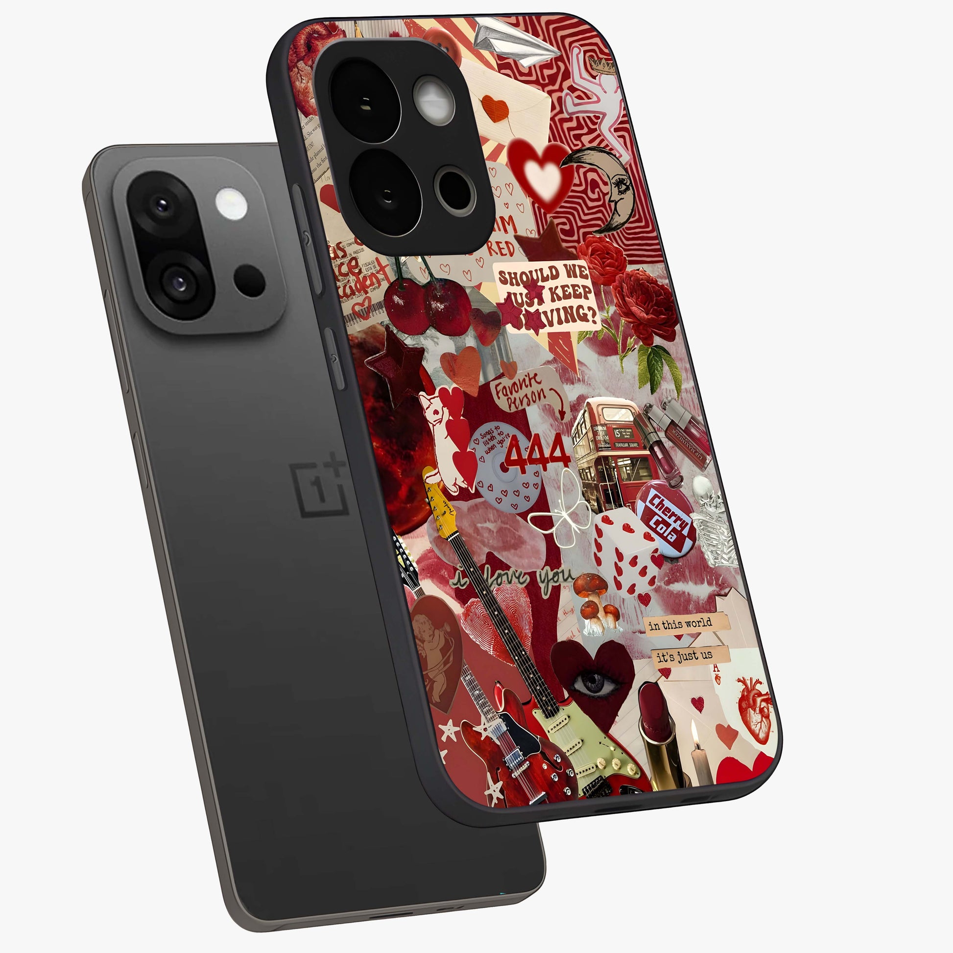 Lover’S Red Chaos Glass Case for 1+13S angled mockup showcasing glossy finish and dramatic crimson tones