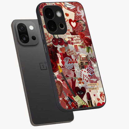 Lover’S Red Chaos Glass Case for 1+13S angled mockup showcasing glossy finish and dramatic crimson tones
