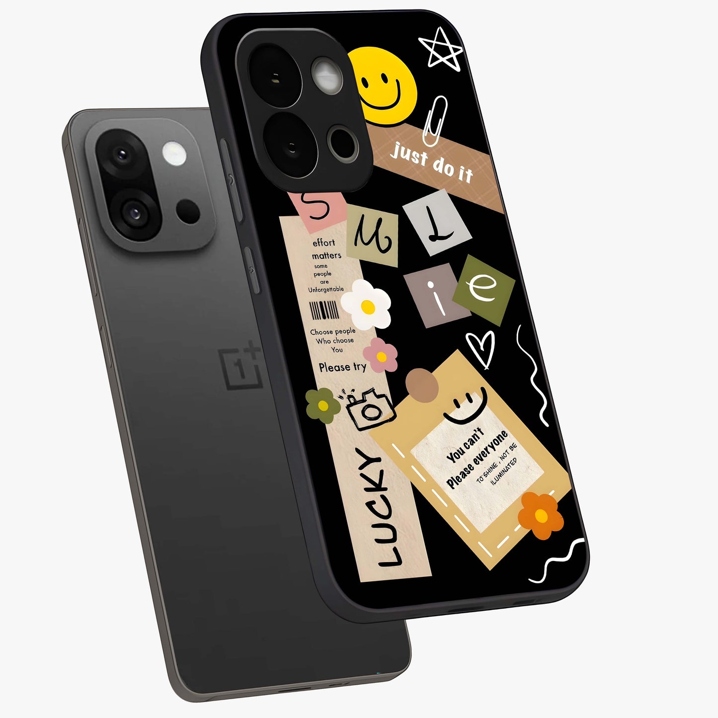 Lucky Aesthetic Collage Case Glass Case for 1+13S angled mockup showcasing glossy finish and colorful textures