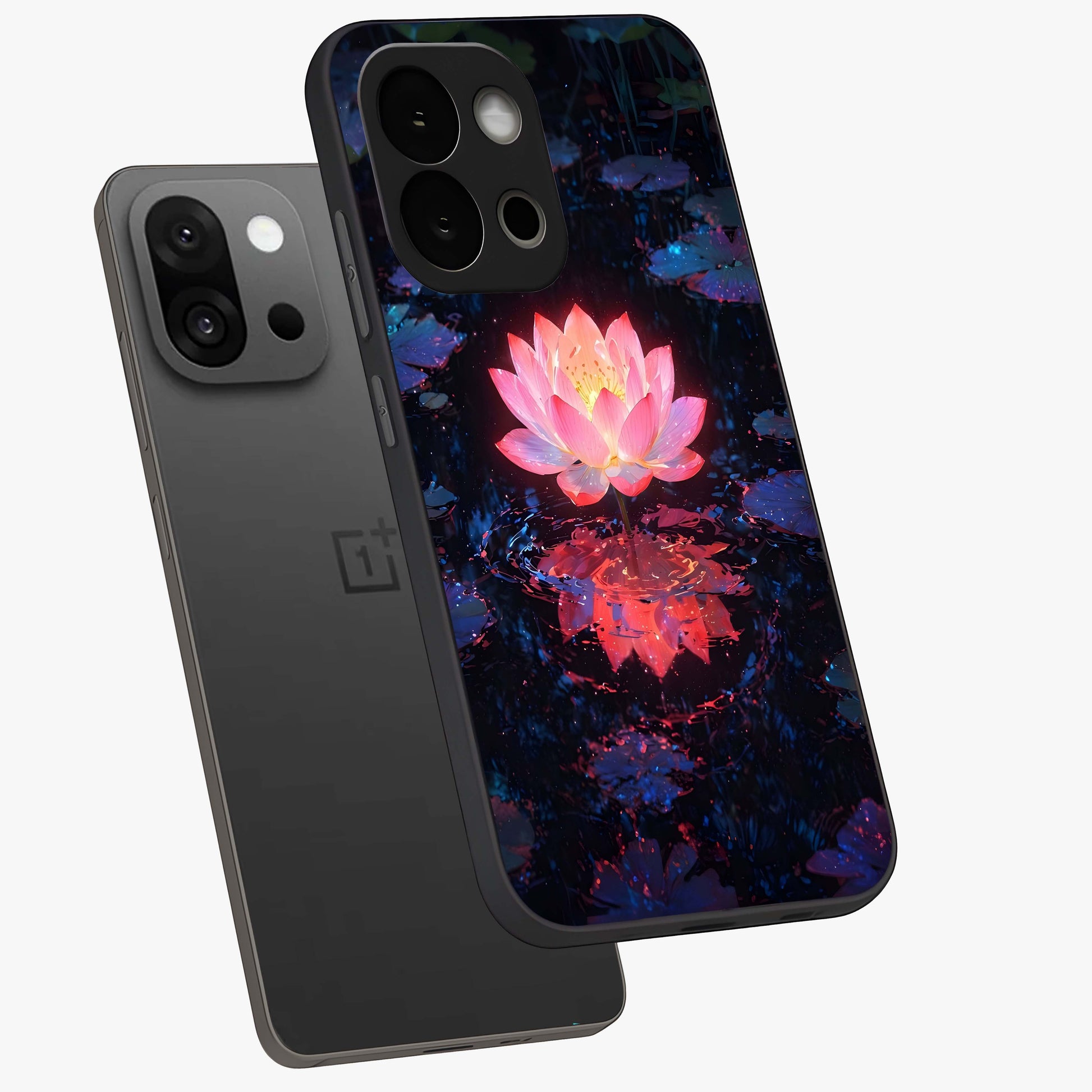 Luminous Lotus Glow Glass Case for 1+13S angled mockup showcasing glossy finish and warm luminous tones