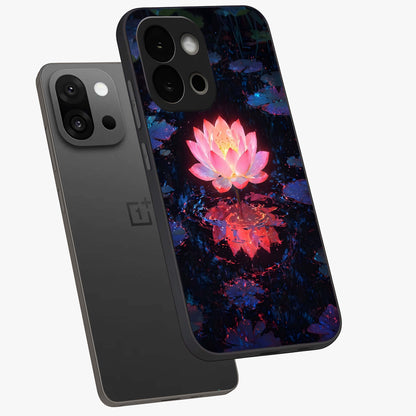 Luminous Lotus Glow Glass Case for 1+13S angled mockup showcasing glossy finish and warm luminous tones