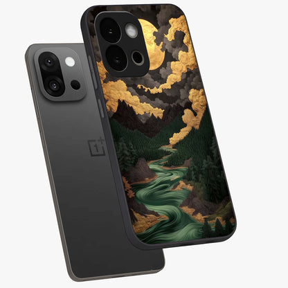 Lunar Silk Garden Glass Case for 1+13S angled mockup showcasing glossy glass finish and silky gradient textures