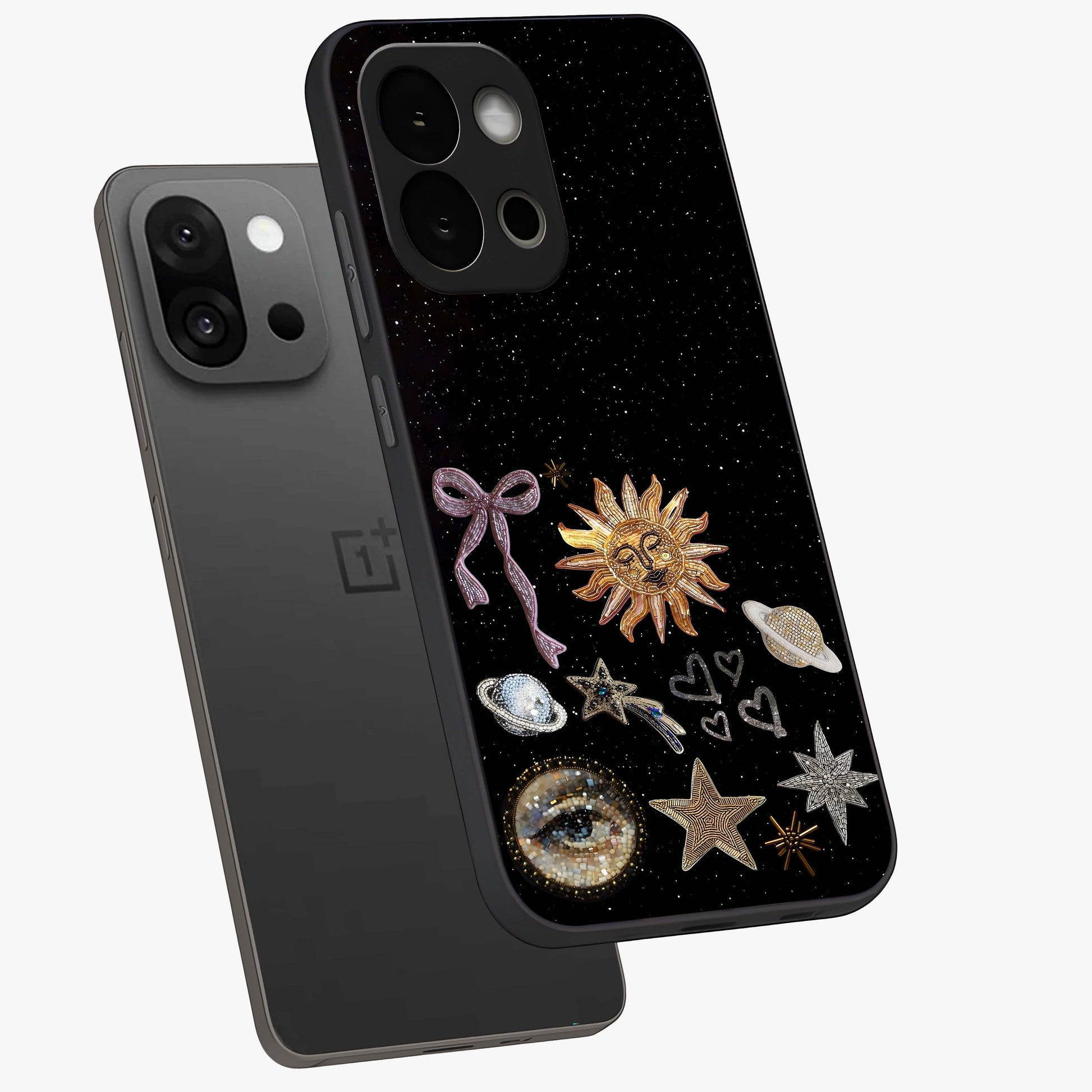 Magical Jewelry Vibe Glass Case for 1+13S angled mockup showcasing glossy finish and sparkling detailing