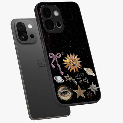 Magical Jewelry Vibe Glass Case for 1+13S angled mockup showcasing glossy finish and sparkling detailing
