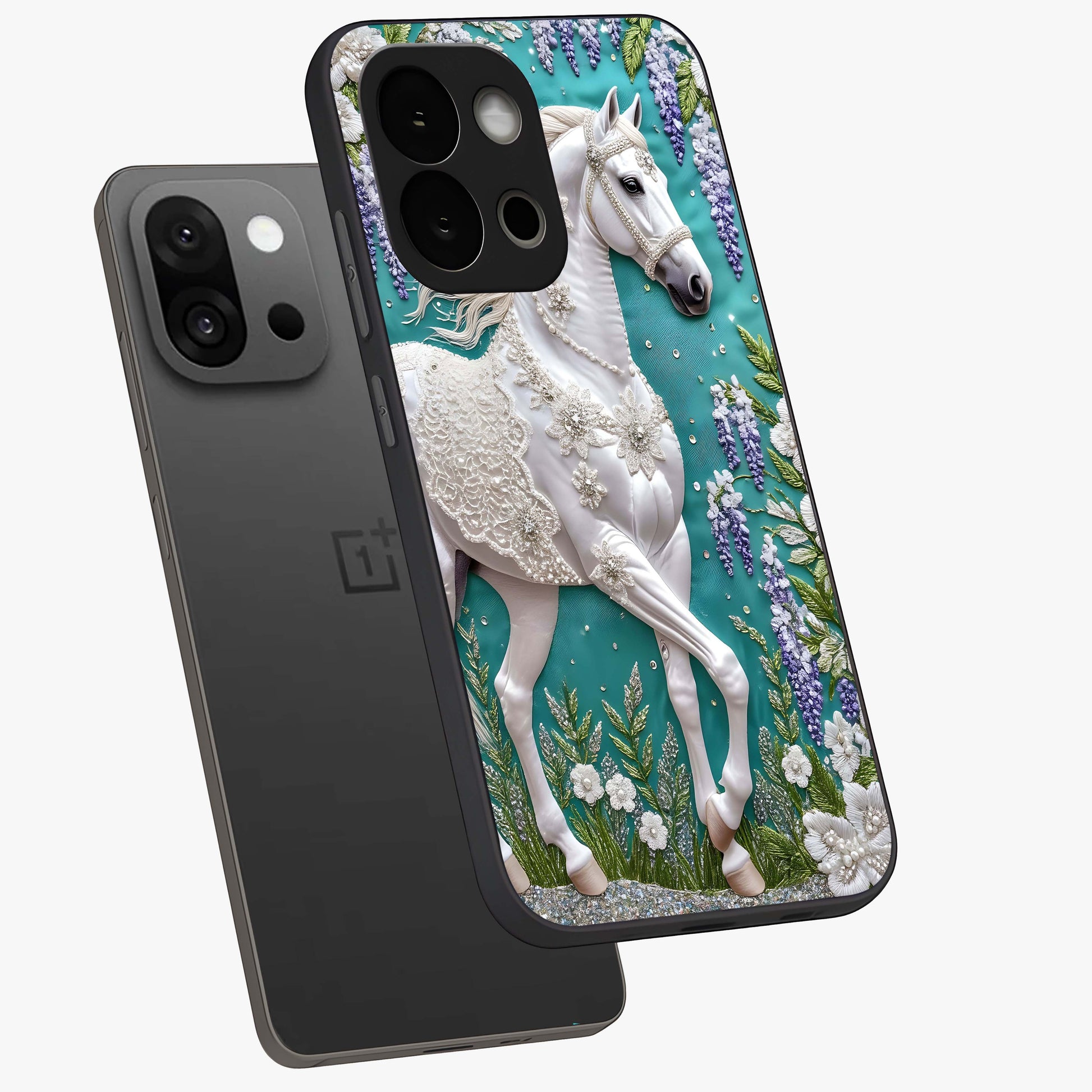 Majestic Floral Stallion Glass Case for 1+13S angled mockup showcasing glossy finish and vibrant artistic tones