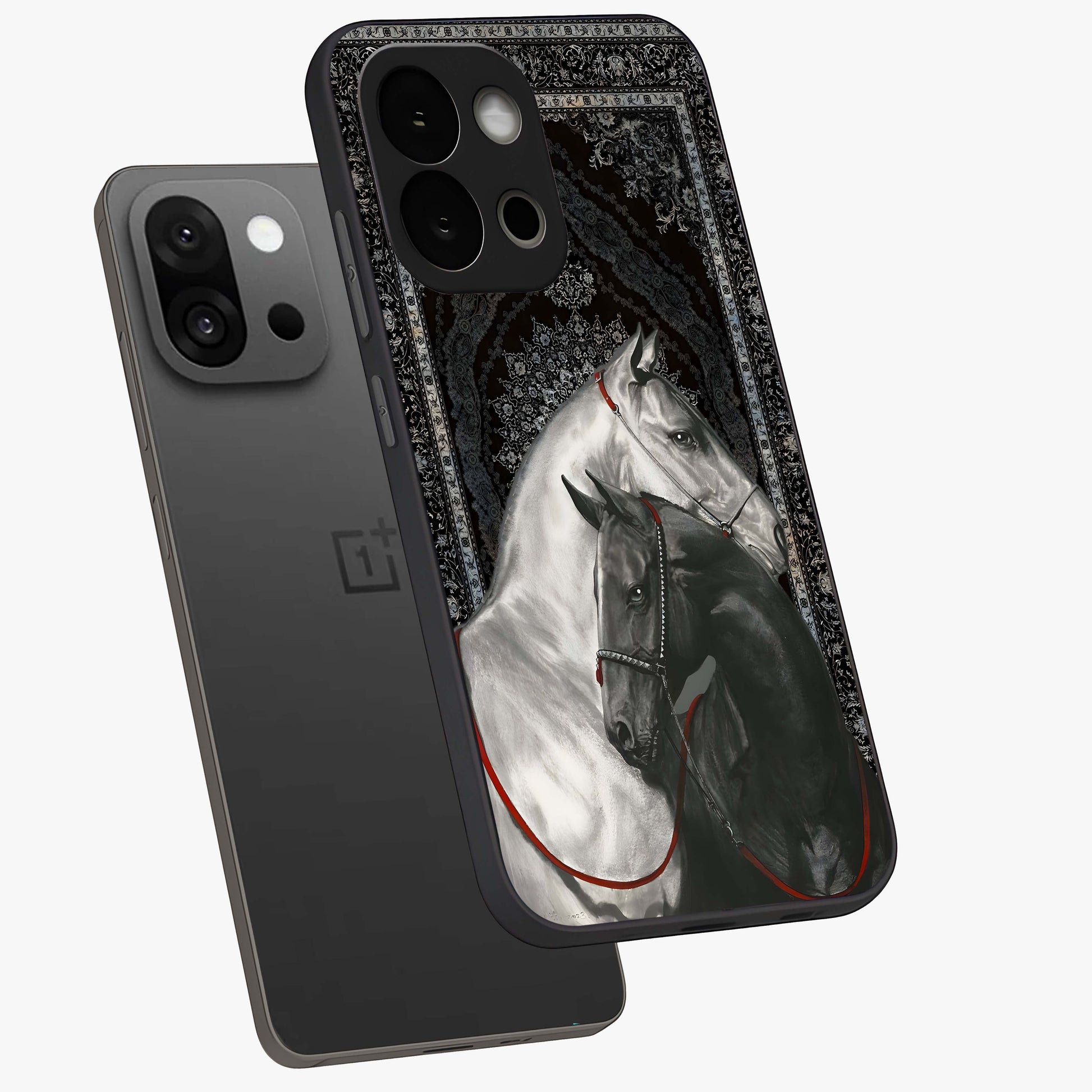 Majestic Ride Legacy Glass Case for 1+13S angled mockup showcasing glossy finish and strong graphic detailing