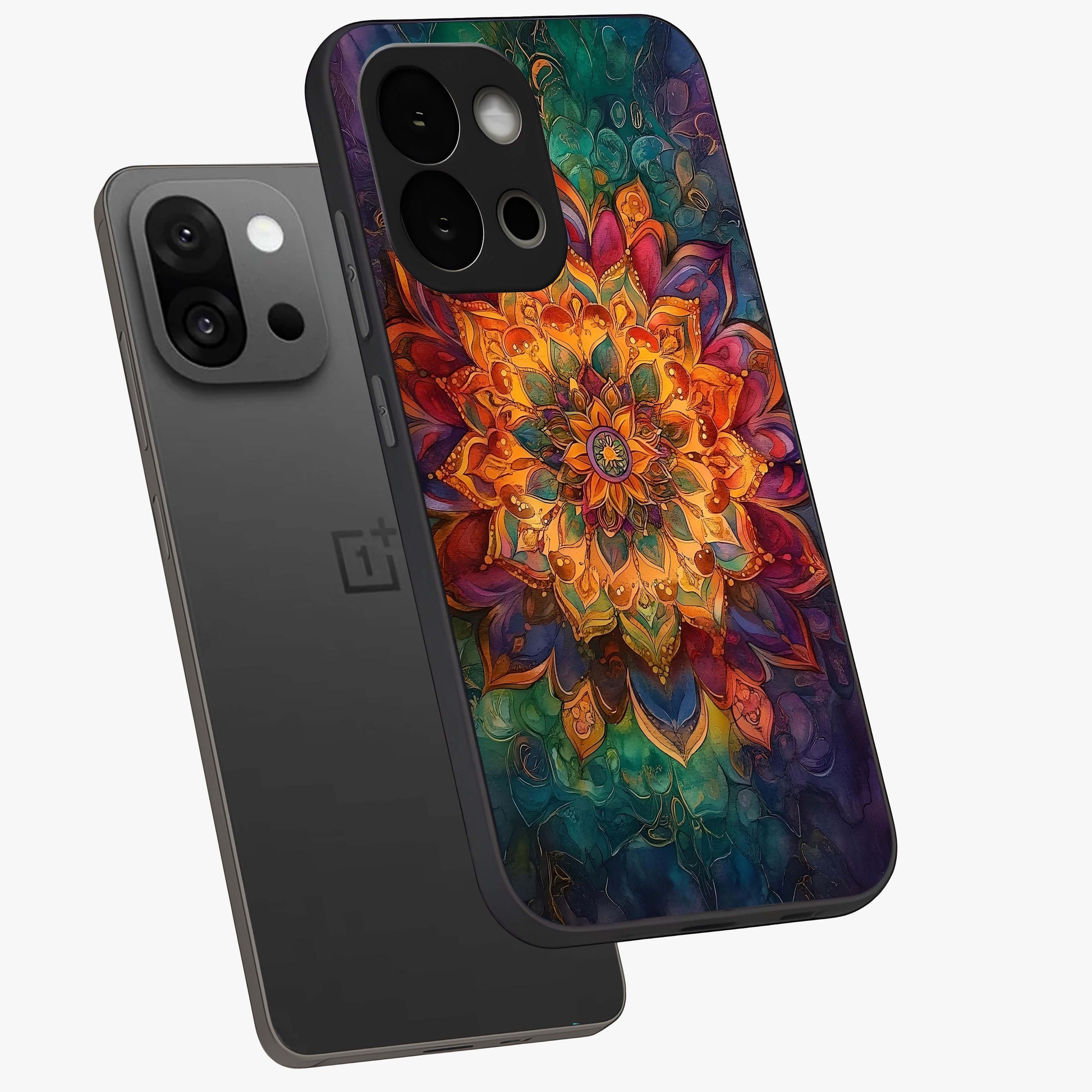 Mandala Vibrants Glass Case for 1+13S angled mockup showcasing glossy finish and intricate geometric detailing