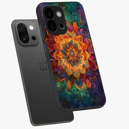 Mandala Vibrants Glass Case for 1+13S angled mockup showcasing glossy finish and intricate geometric detailing