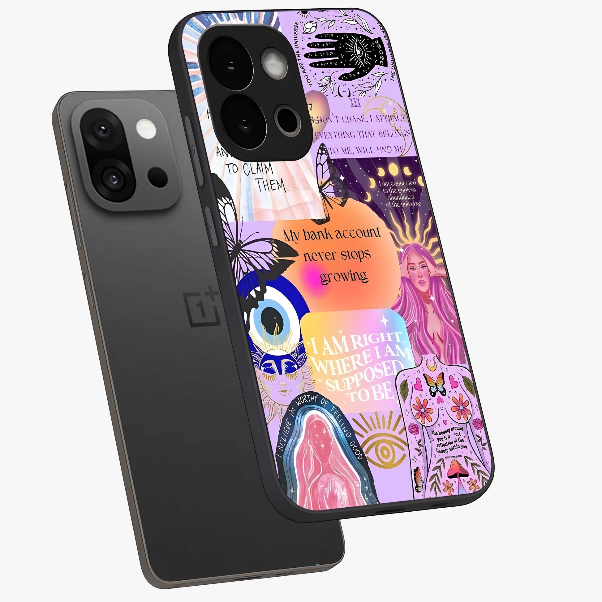 Manifestation Collage Glass Case for 1+13S angled mockup showcasing glossy finish and layered artistic textures