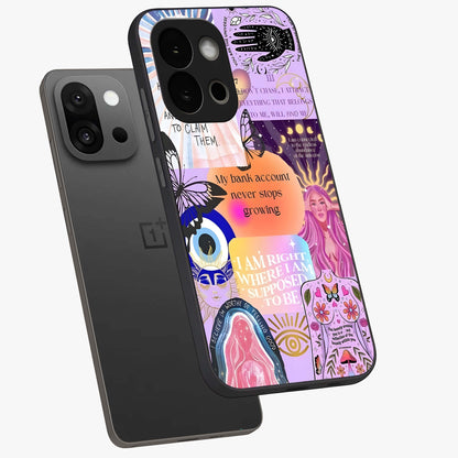 Manifestation Collage Glass Case for 1+13S angled mockup showcasing glossy finish and layered artistic textures