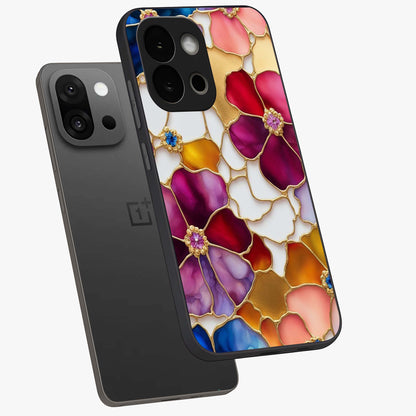 Marble Flower Pattern Glass Case for 1+13S angled mockup showcasing glossy finish and detailed bloom accents