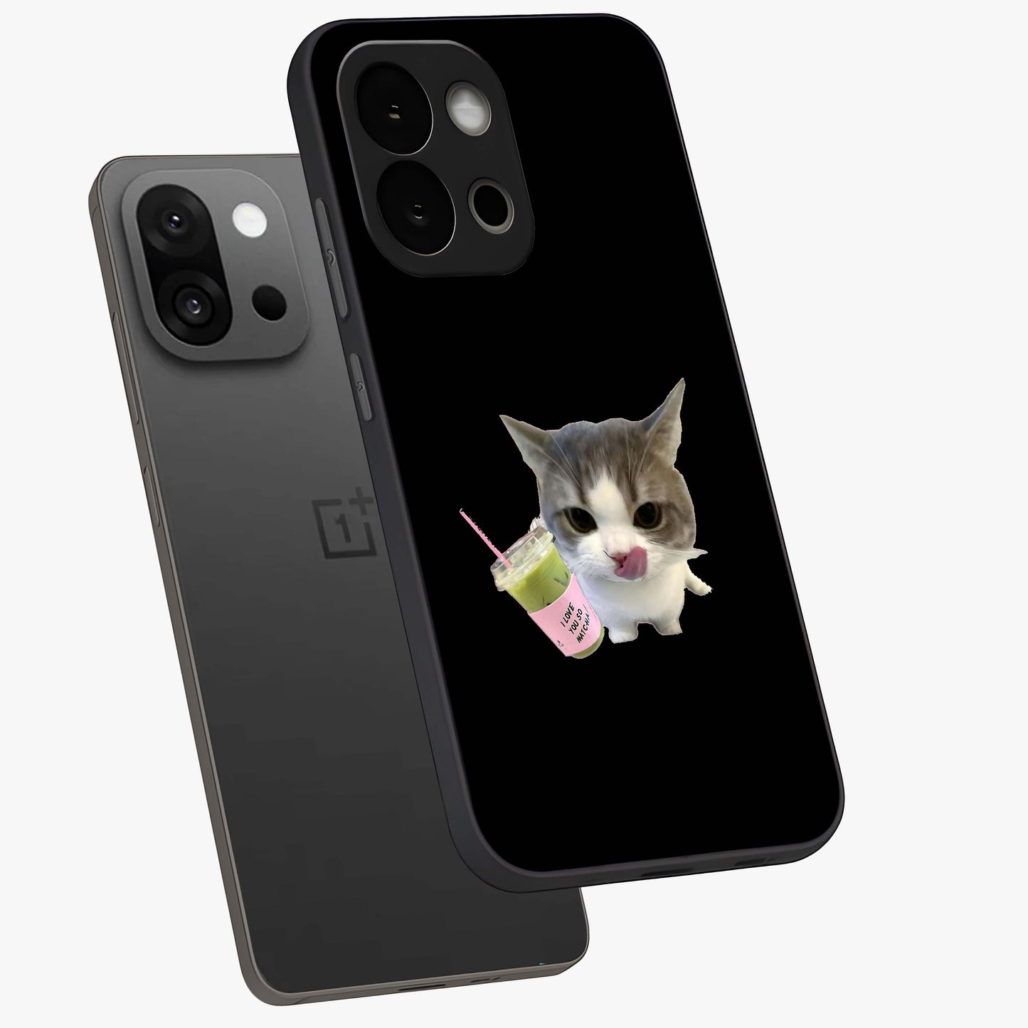 Matcha Cat Style Glass Case for 1+13S angled mockup showcasing glossy glass finish and playful pastel detailing