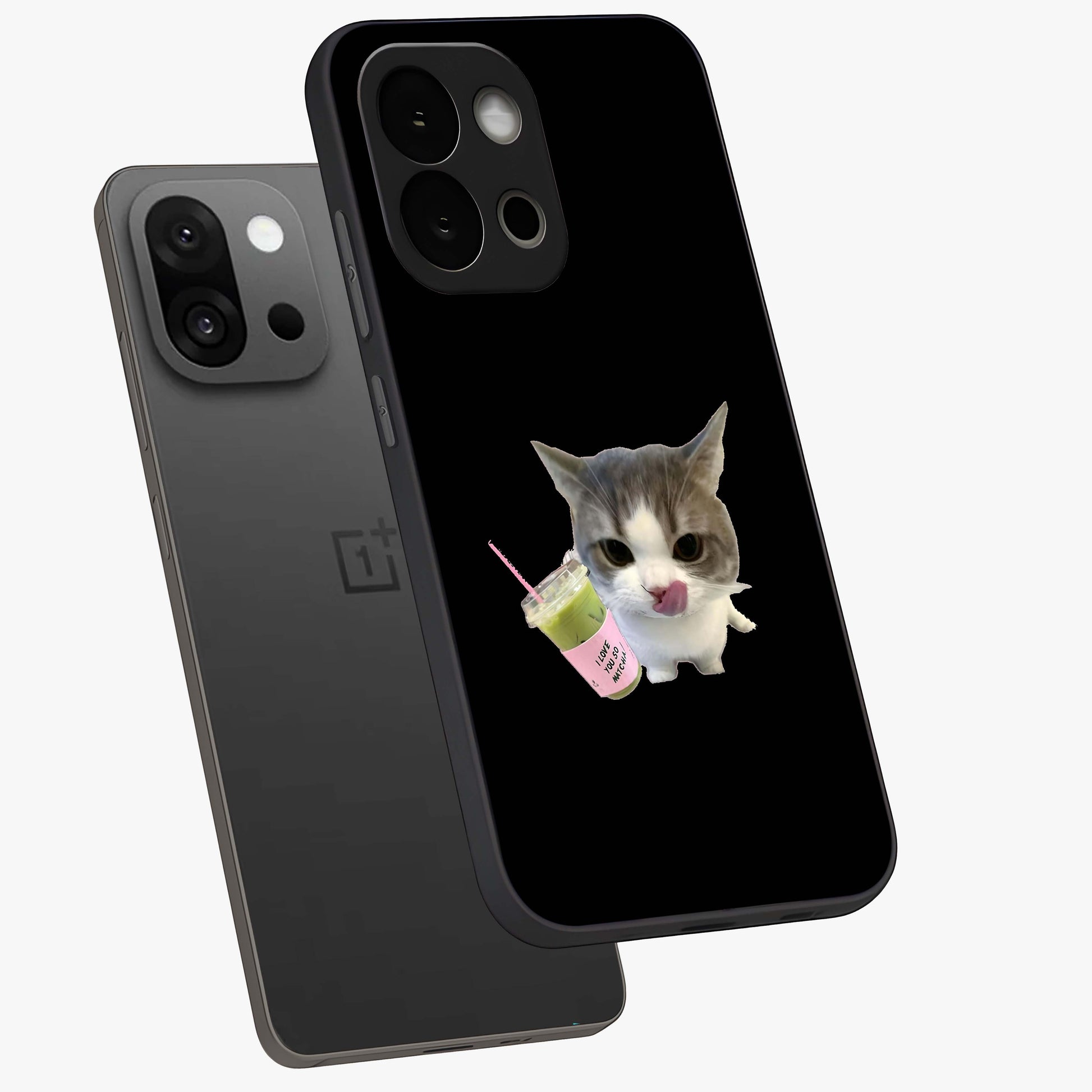 Matcha Cat Style Glass Case for 1+13S angled mockup showcasing glossy glass finish and playful pastel detailing