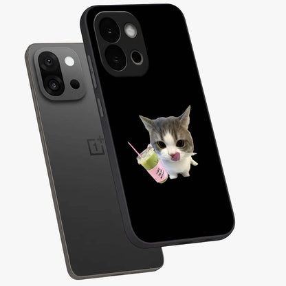 Matcha Cat Style Glass Case for 1+13S angled mockup showcasing glossy glass finish and playful pastel detailing