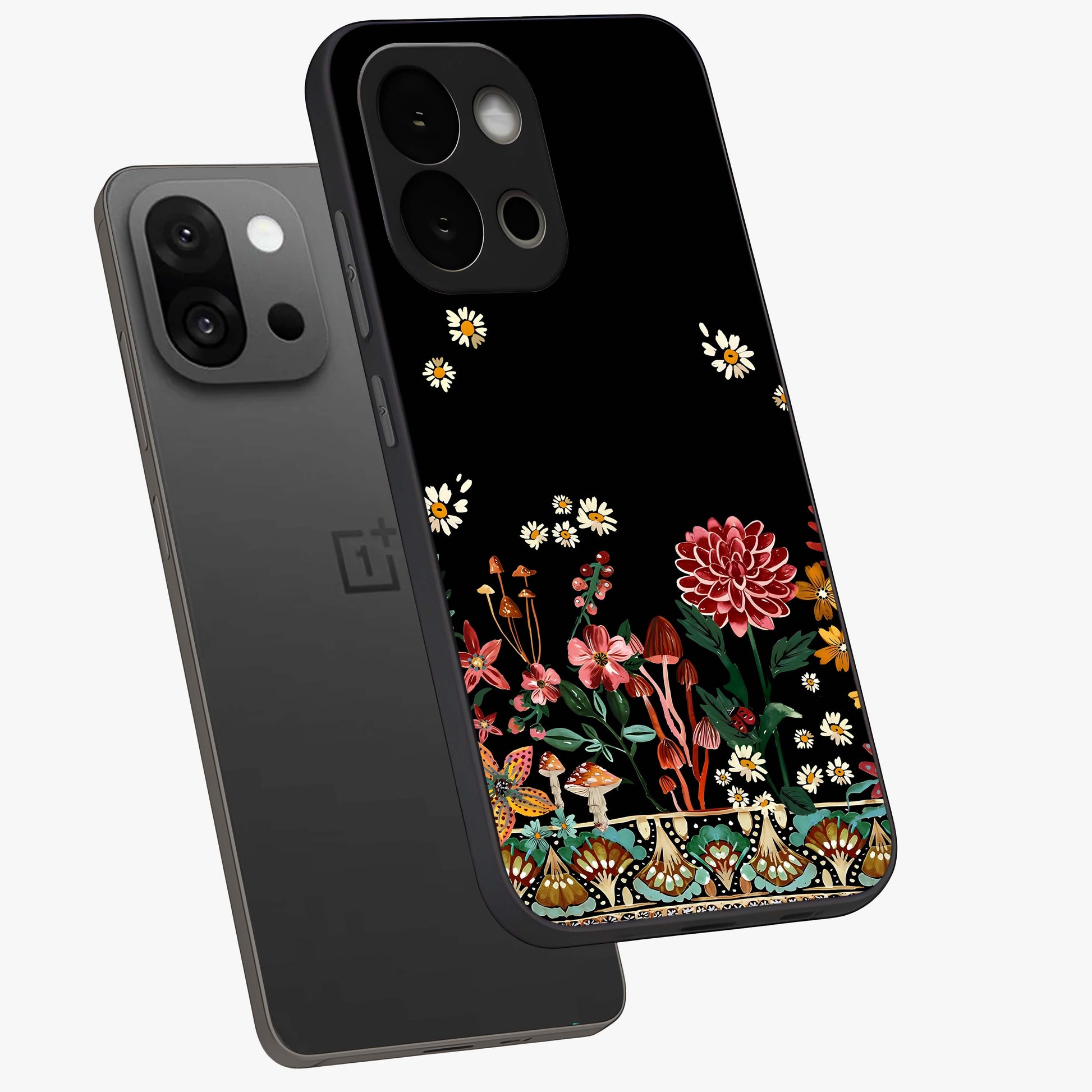 Midnight Bloom Pattern Glass Case for 1+13S angled mockup showcasing glossy finish and rich bloom detailing