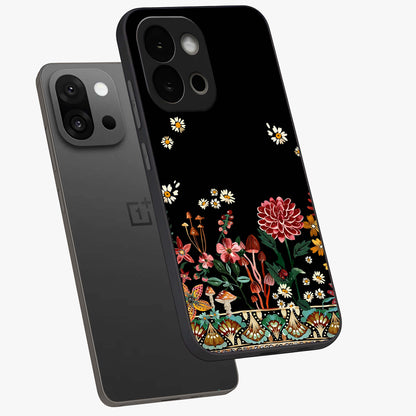 Midnight Bloom Pattern Glass Case for 1+13S angled mockup showcasing glossy finish and rich bloom detailing