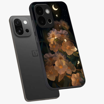 Midnight Bloom Trail Glass Case for 1+13S angled mockup showcasing glossy finish and luminous bloom accents