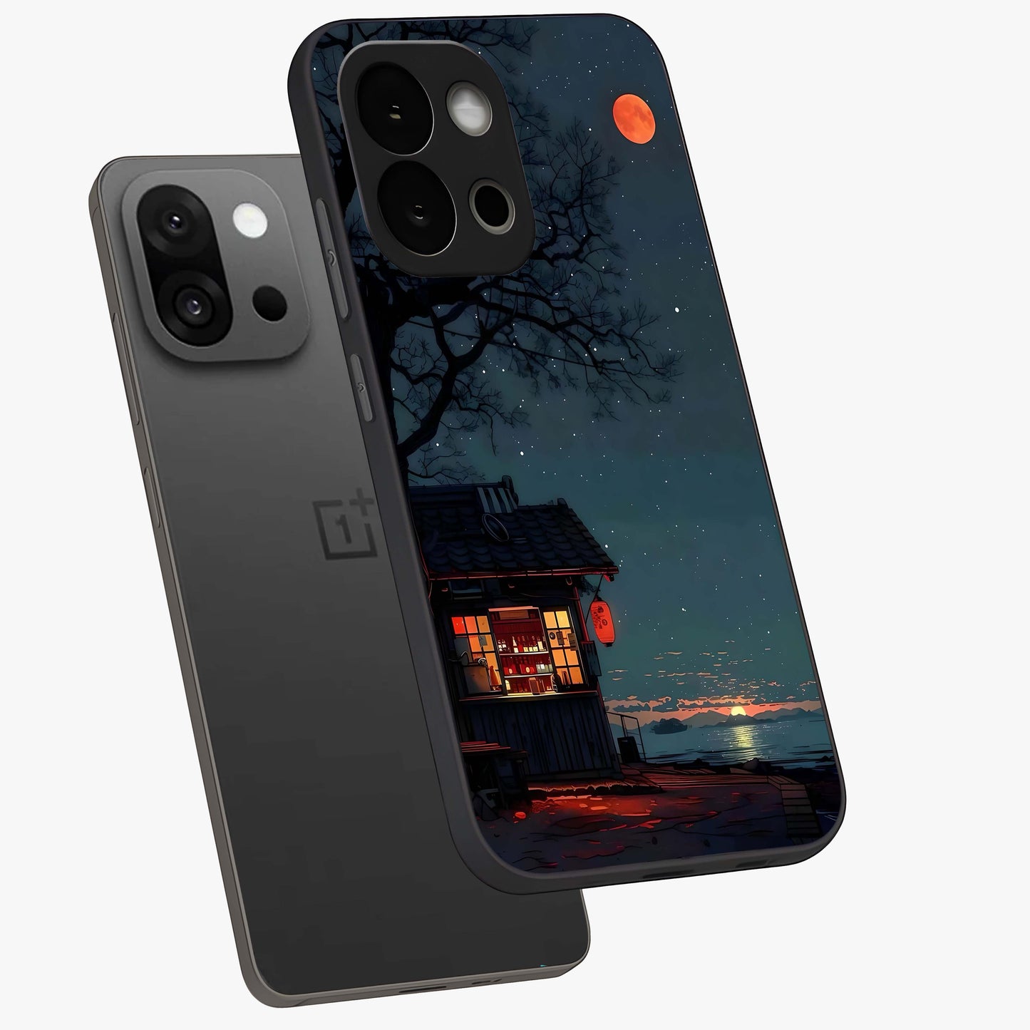 Midnight Lantern Glow Glass Case for 1+13S angled mockup showcasing glossy finish and warm luminous tones