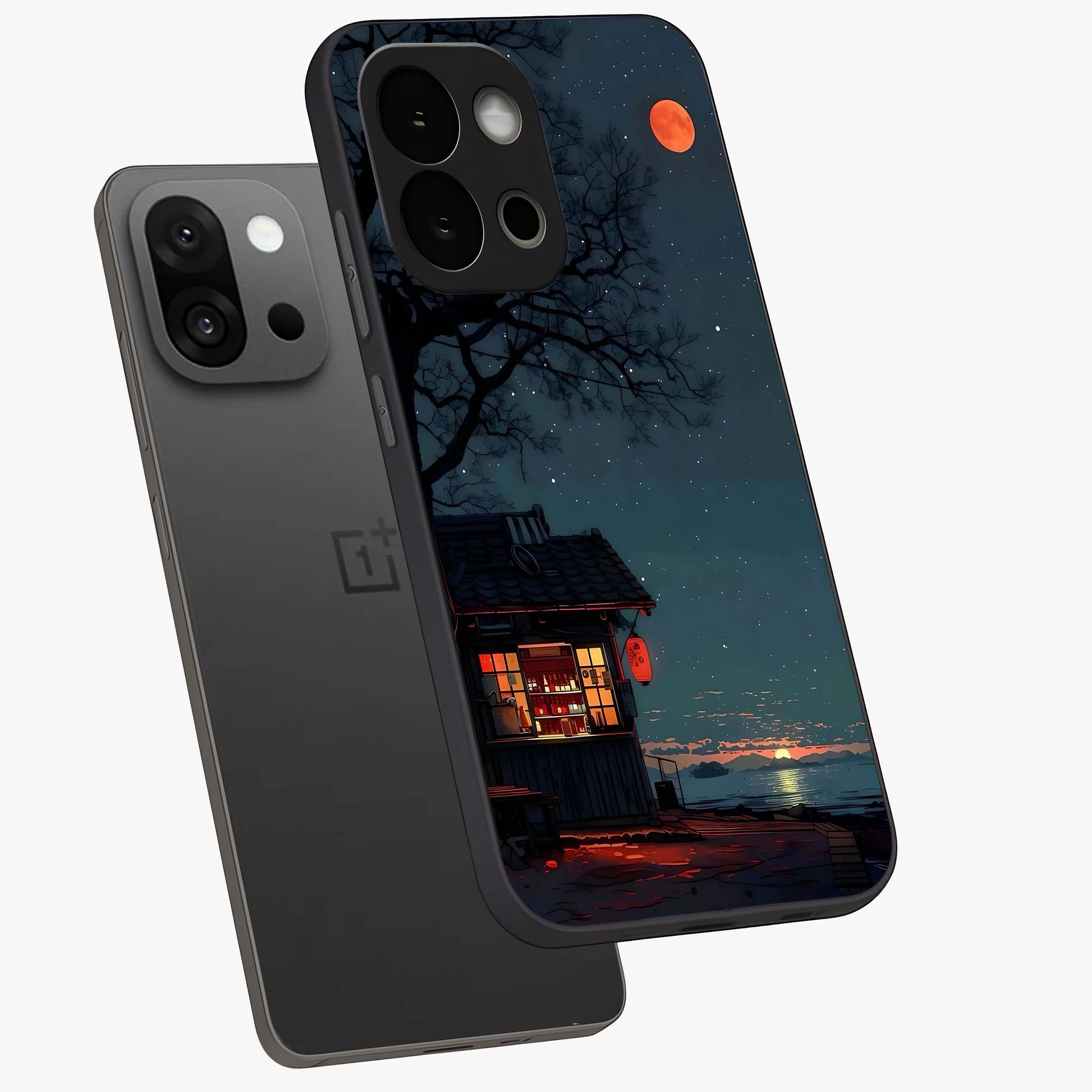 Midnight Lantern Glow Glass Case for 1+13S angled mockup showcasing glossy finish and warm luminous tones