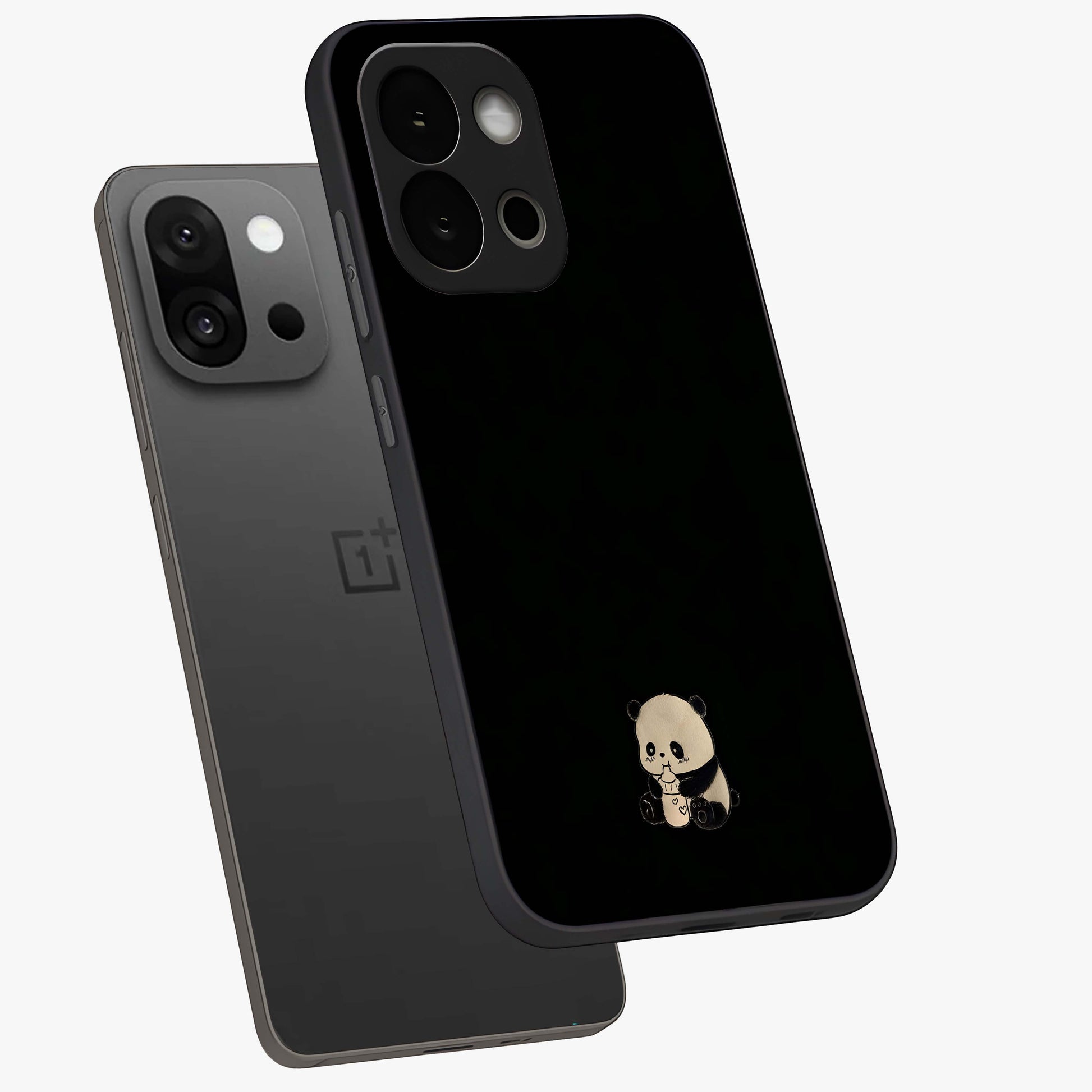 Midnight Panda Love Glass Case for 1+13S angled mockup showcasing glossy finish and soft contrast tones