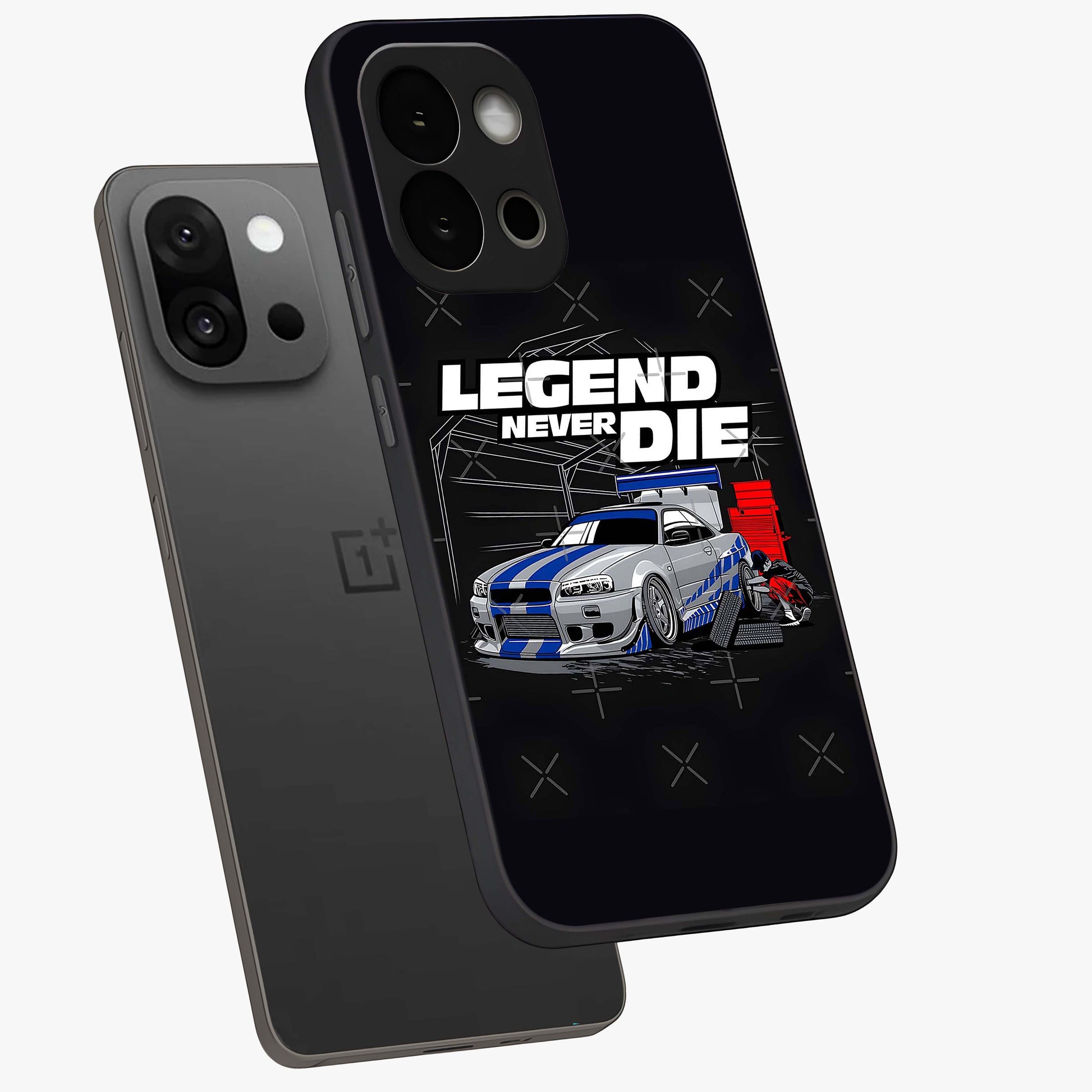 Midnight Racing Legacy Glass Case for 1+13S angled mockup showcasing glossy glass finish and dynamic motion detailing