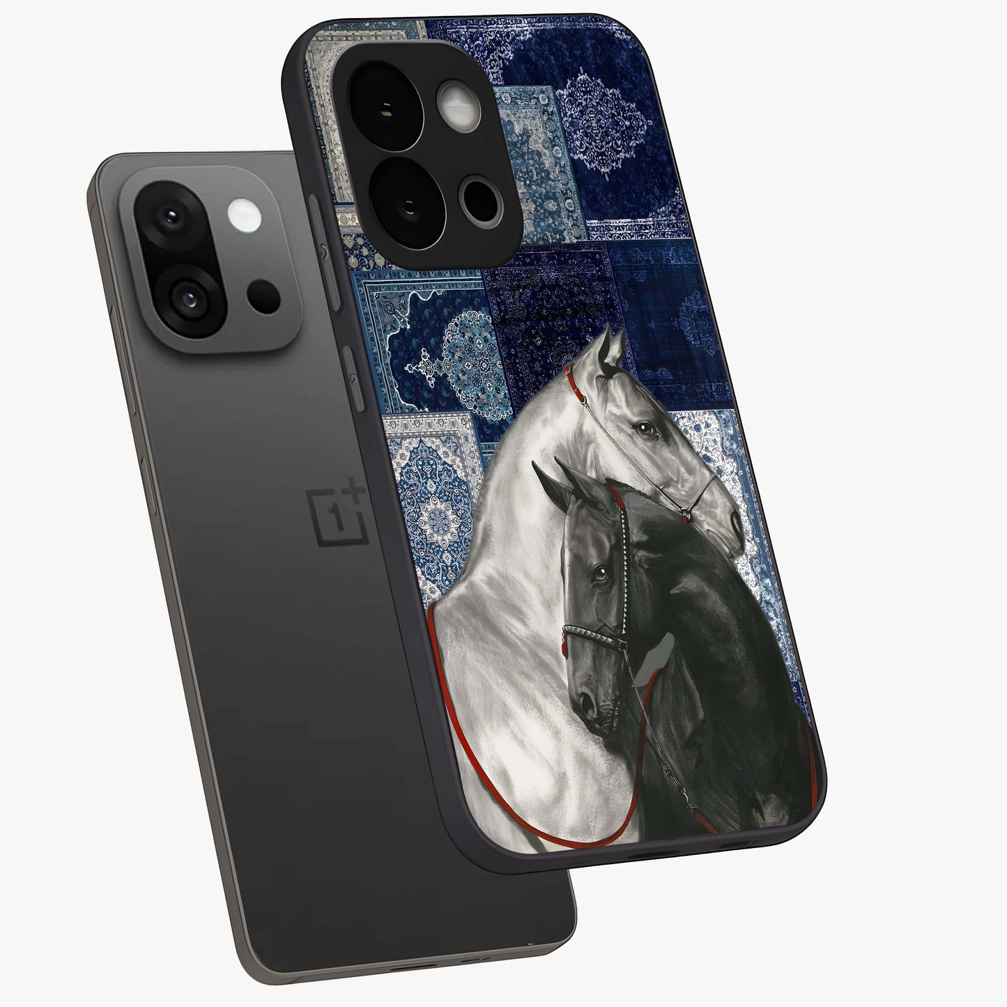 Midnight Stallion Blues Glass Case for 1+13S angled mockup showcasing glossy finish and dramatic equestrian detailing