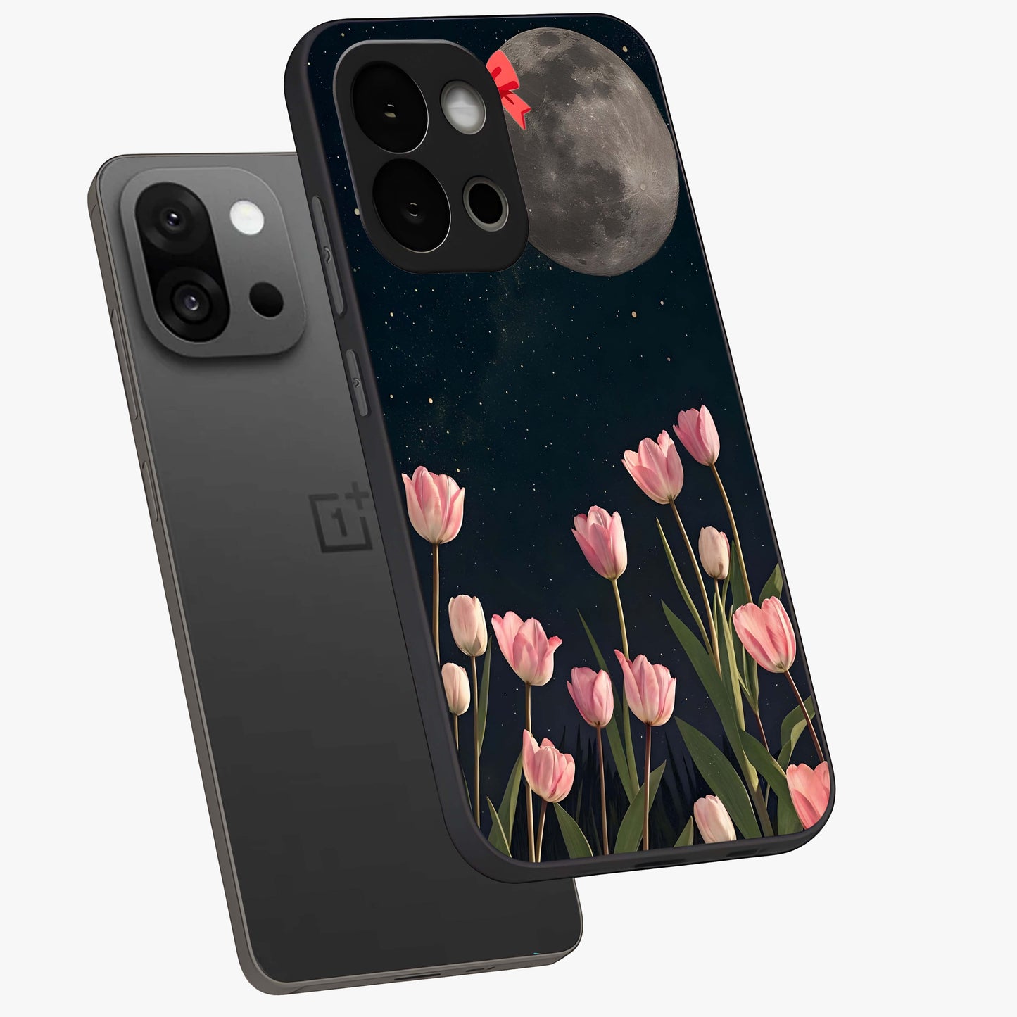 Moonlit Night Tulip Glass Case for 1+13S angled mockup showcasing glossy finish and soft luminous accents