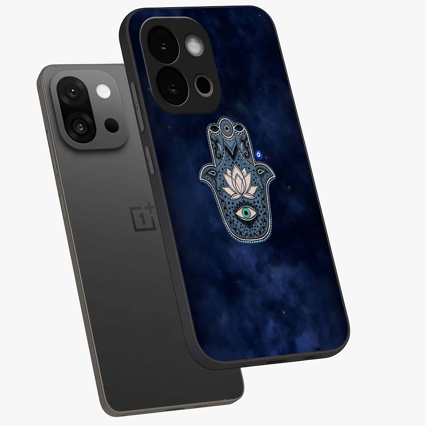 Mystic Calm Shield Glass Case for 1+13S angled mockup showcasing glossy finish and subtle mystical detailing