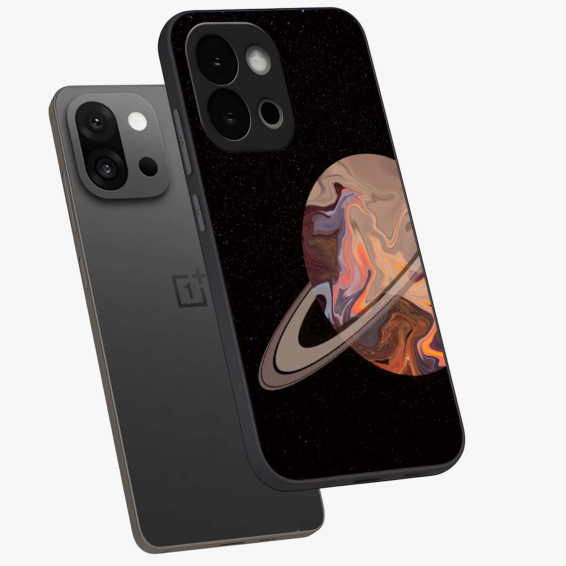 Mystic Saturn Aesthetic Glass Case for 1+13S angled mockup showcasing glossy finish and deep space gradients