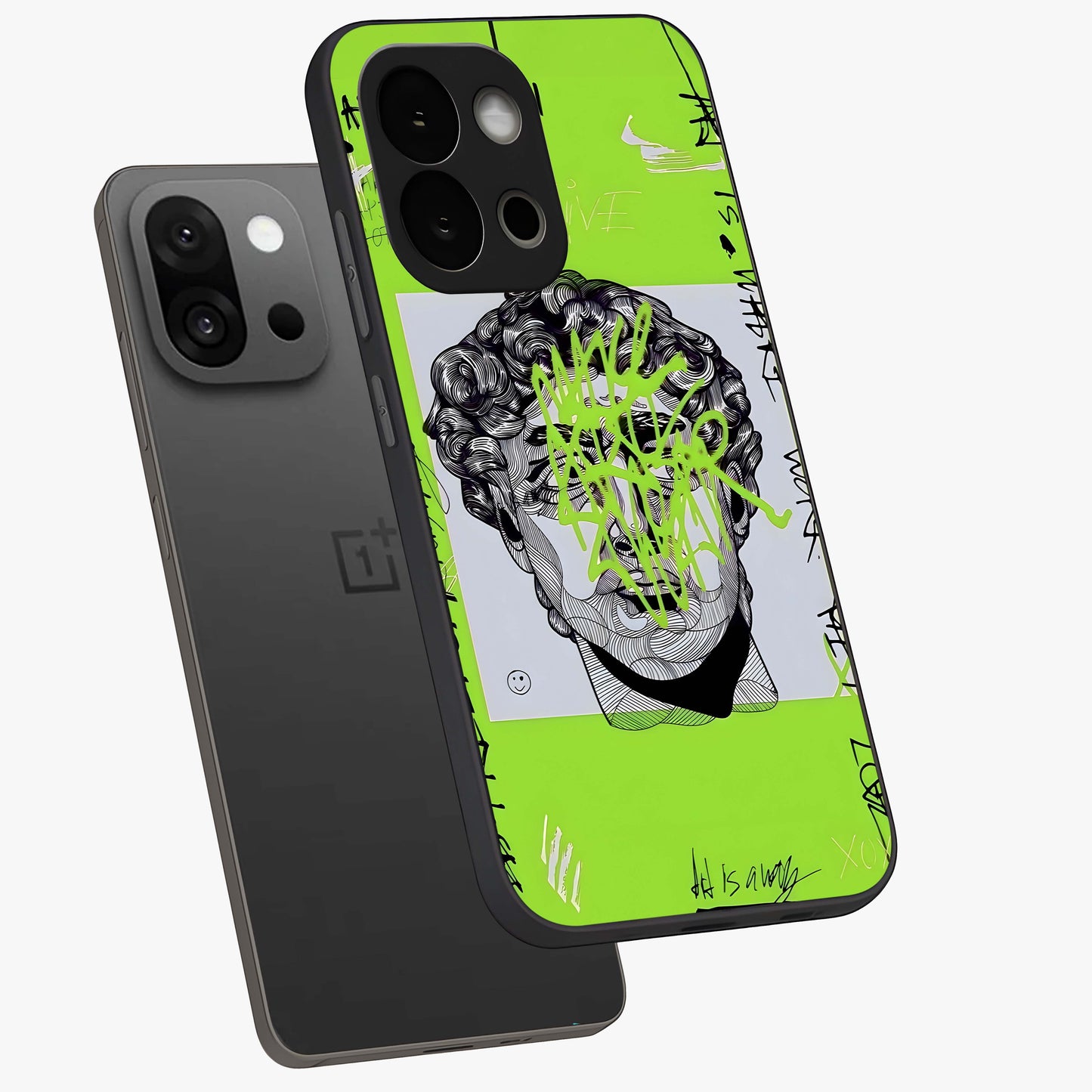 Neo Graffiti Rebellion Glass Case for 1+13S angled mockup showcasing glossy finish and urban neon detailing