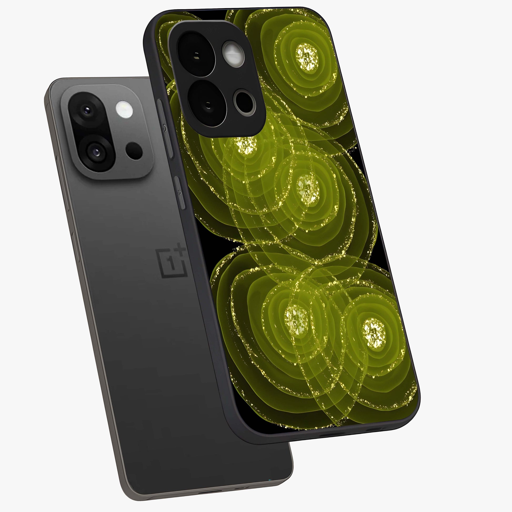 Neon Orbit Bloom Marble Glass Case for 1+13S angled mockup showcasing glossy finish and vibrant bloom detailing